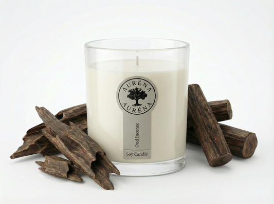 „Handgegossene Soja-Duftkerze von Auréna im klaren Glas mit Duft Oud Incense, arrangiert mit natürlichen Holzstücken auf weißem Hintergrund.“