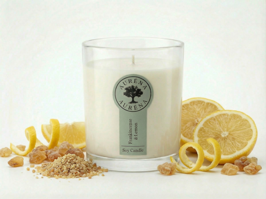 Handgegossene Sojawachskerze „Frankincense & Lemon“ von Auréna im Glas, arrangiert mit Zitronenscheiben und Weihrauch auf hellem Hintergrund