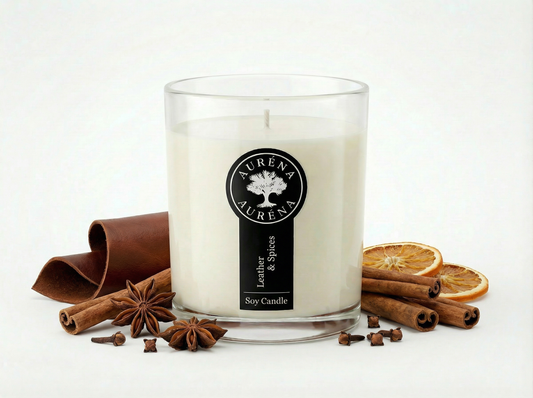 Duftkerze Leather & Spices aus Sojawachs im Glas – handgegossene Kerze mit Leder- und Gewürznoten auf weißem Hintergrund