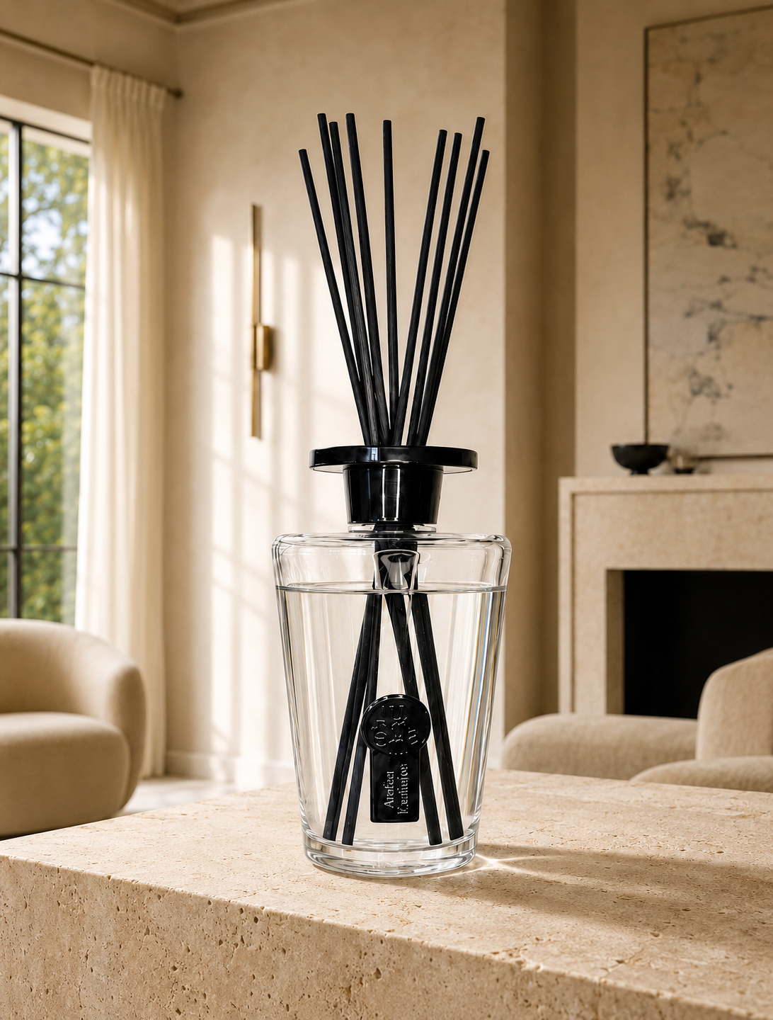 Nahaufnahme des Auréna 1.000-ml-Raumduft-Diffusers mit klarer Flüssigkeit und schwarzen Stäbchen im eleganten Interieur.

