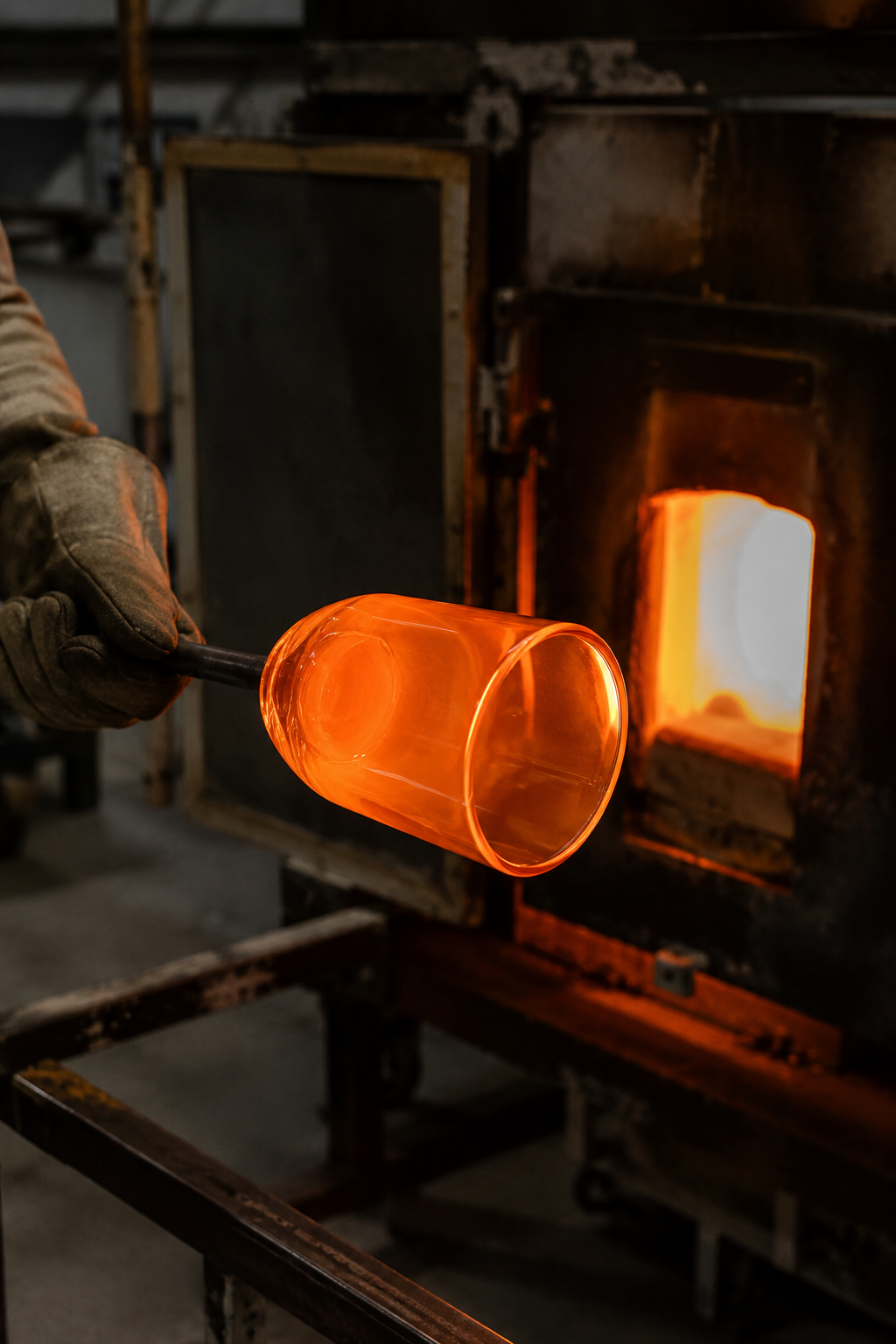 **Alt-Text:**

*Glühendes handgefertigtes Kerzenglas wird mit einer Metallstange aus einem Glasofen entnommen – traditionelles Glasbläserhandwerk in einer Manufaktur.*
