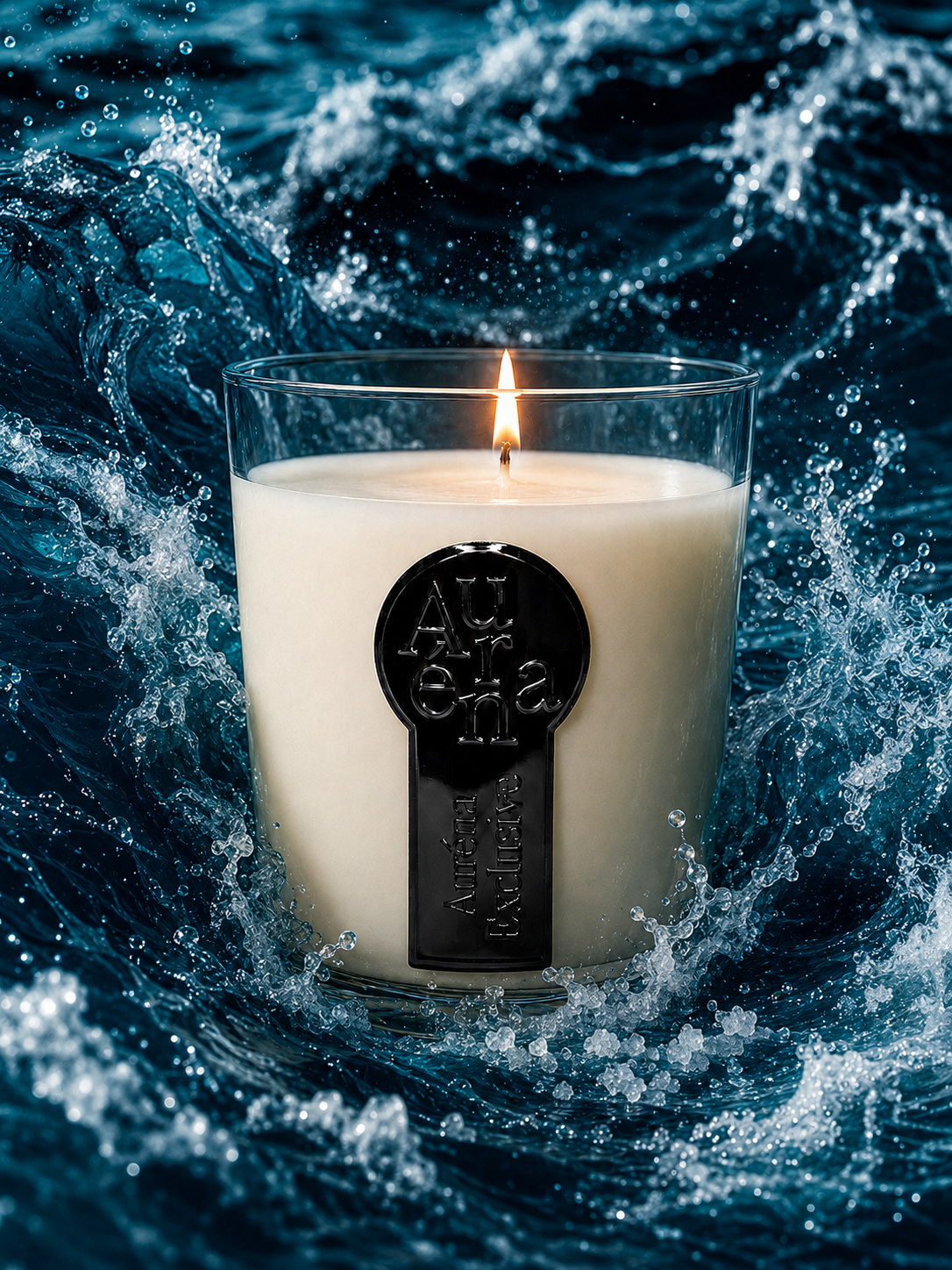 Brennende Auréna Duftkerze „Pure Ocean Breeze“ im Glas, umgeben von tiefblauen Wellen und Meersalz.
