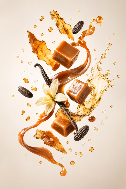 „Goldene Karamellstücke und bernsteinfarbene Bourbon-Tropfen schweben vor einem hellen Creme-Hintergrund.“
