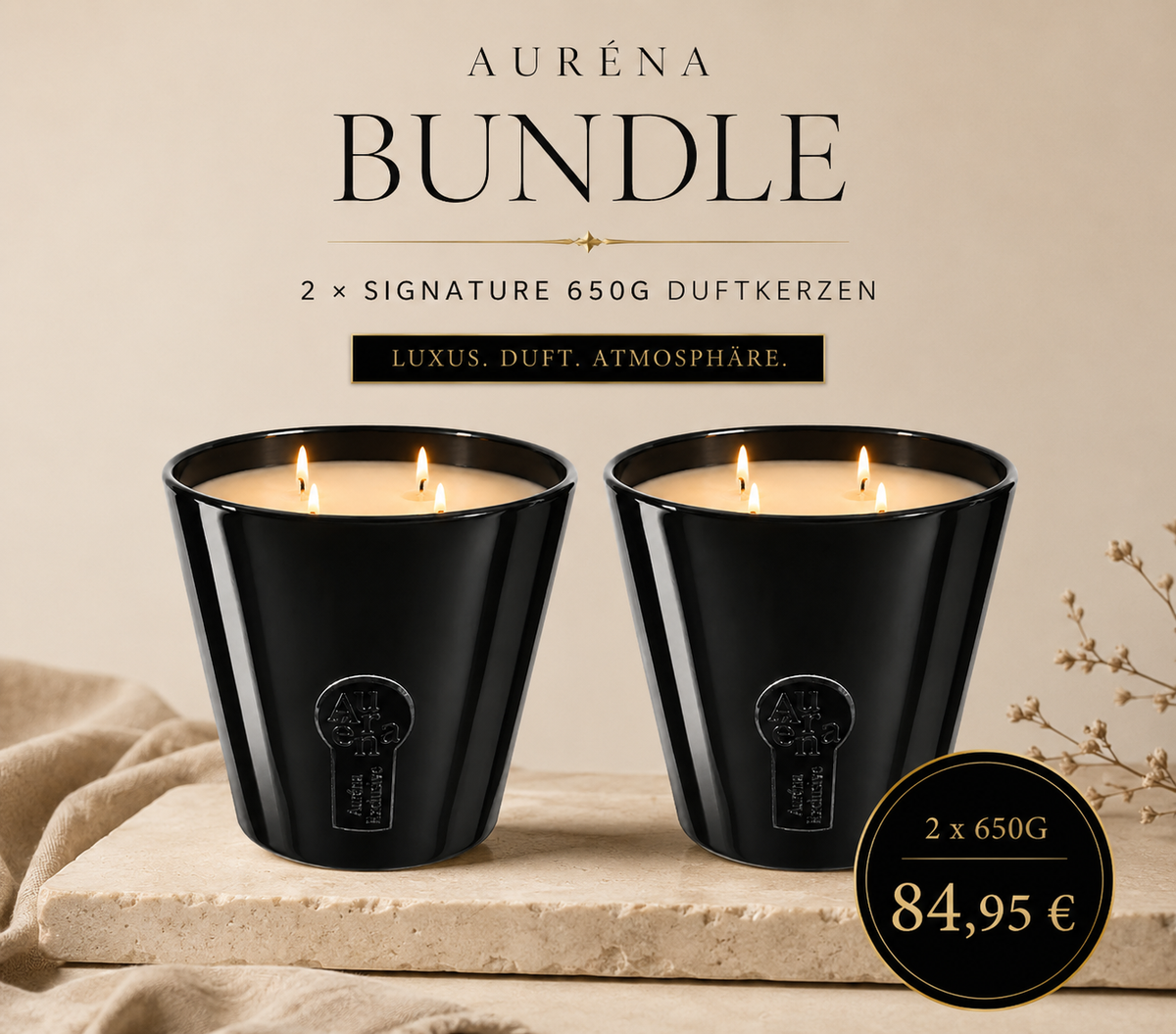 Alt-Text: Zwei schwarze Auréna Signature Duftkerzen à 650 g mit vier Dochten im Bundle – Leather & Spice und Key Lime Peppermint, handgegossen in Deutschland.