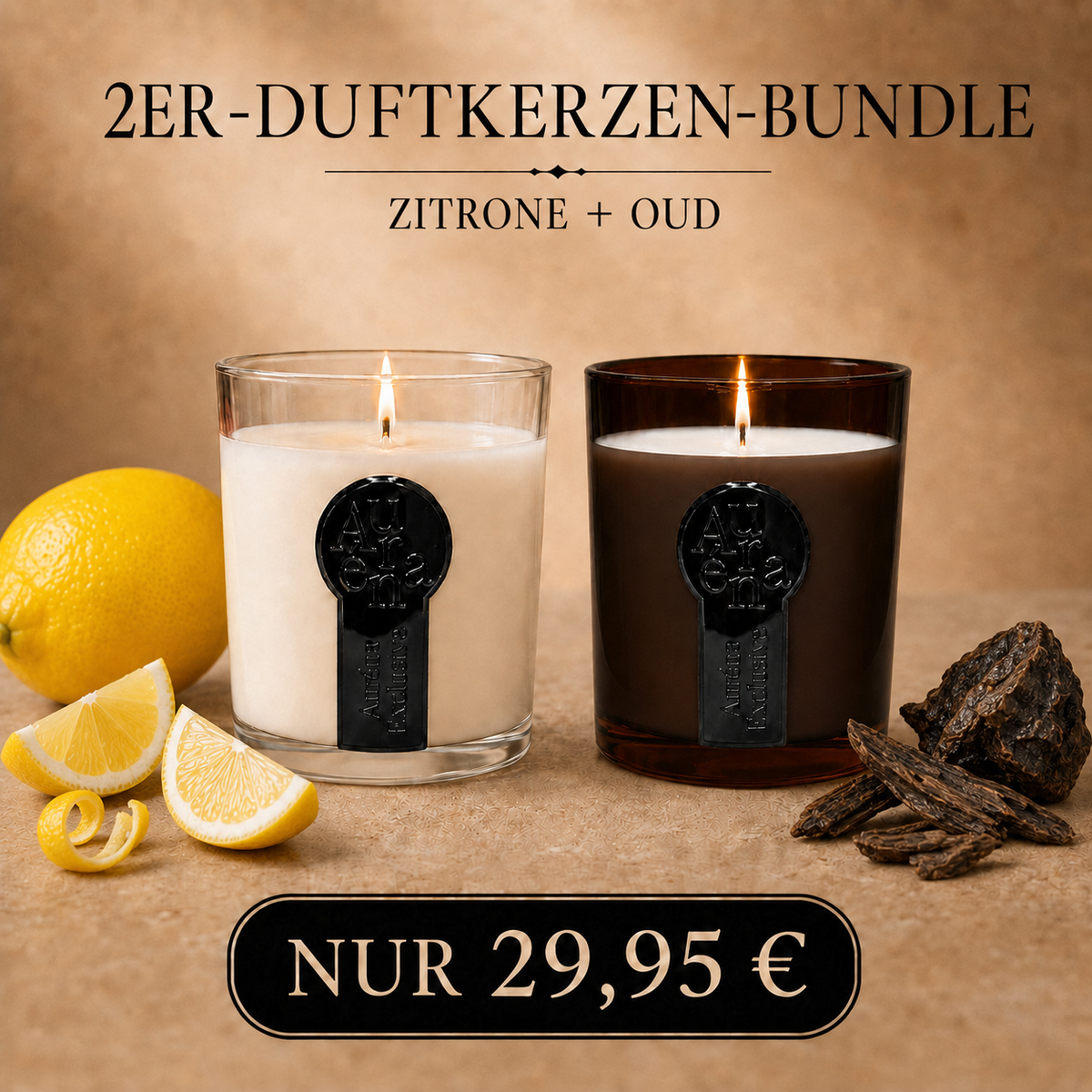 Zwei brennende AURÉNA-Duftkerzen mit jeweils 220 g: links eine Zitronen-Duftkerze im transparenten Glas mit frischen Zitronen, rechts eine Oud-Duftkerze im dunkelbraunen Amberglas mit dunklem Oudholz. Das 2er-Bundle kostet 29,95 €.