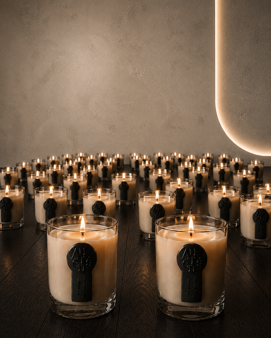 Luxury candle collection by AURÉNA displayed on dark wooden flooring with warm cinematic lighting, featuring dozens of glowing hand-poured candles in elegant glass vessels against a minimalist textured wall, creating a premium hotel and spa-inspired atmosphere.