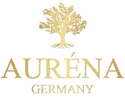 Goldenes Baum-Logo über dem Schriftzug „AURÉNA“, darunter „GERMANY“, auf dunkelgrauem Hintergrund.