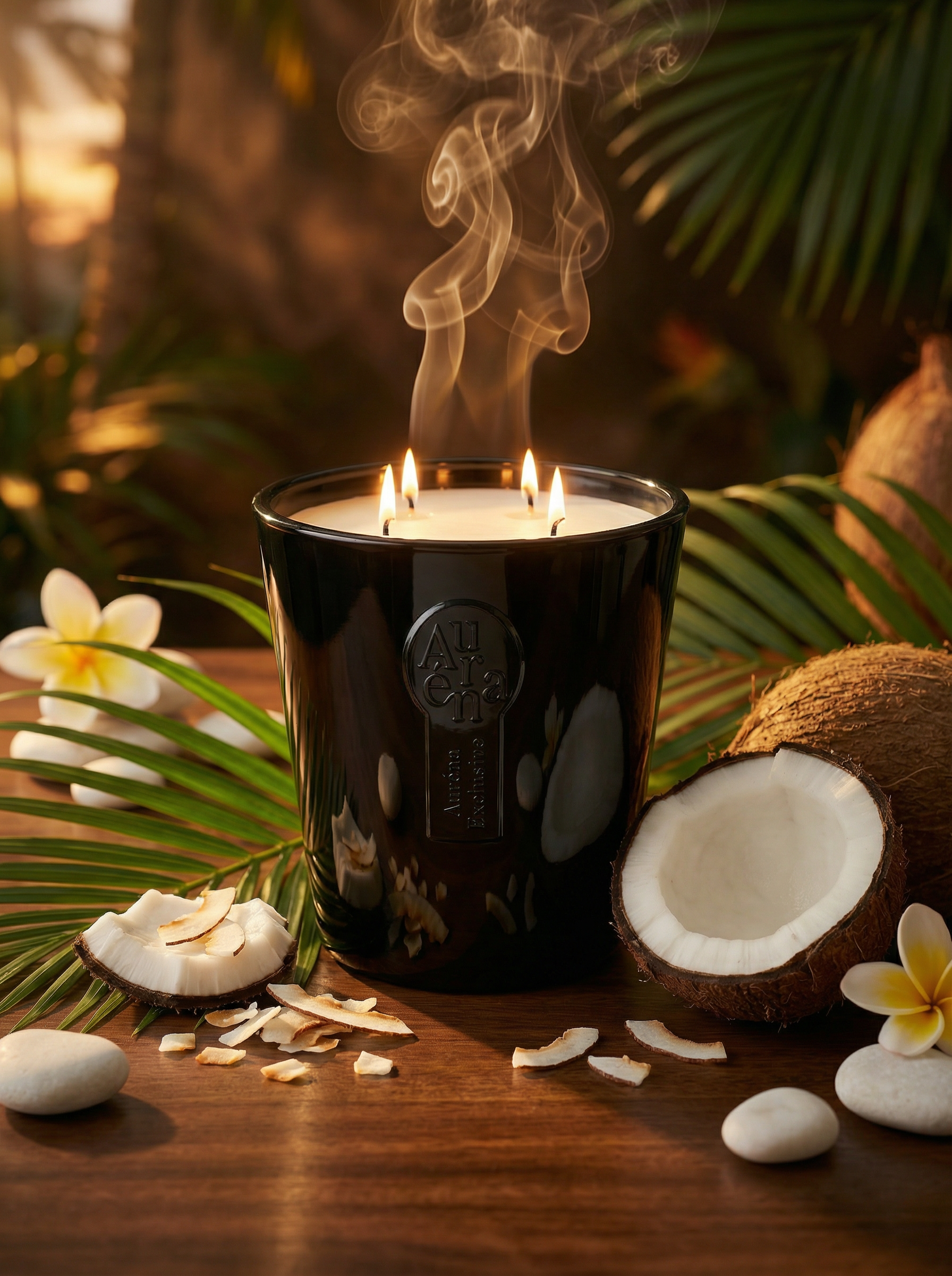 Keep the Auréna label identical and unchanged
Black glossy glass exactly like reference
Four wicks burning
Luxury premium atmosphere
No text in image