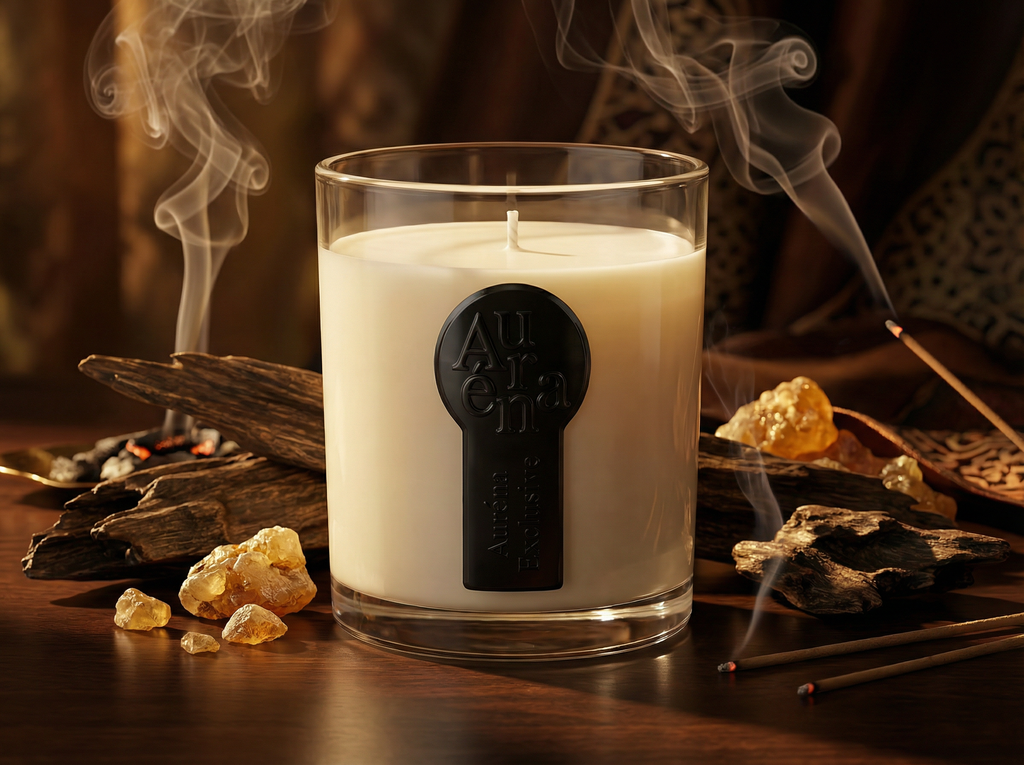 Luxuriöse Auréna Duftkerze im Glas mit schwarzem 3D-Label, umgeben von Oud-Holz, Harzstücken und Räucherstäbchen mit aufsteigendem Rauch in warmer, orientalischer Atmosphäre.