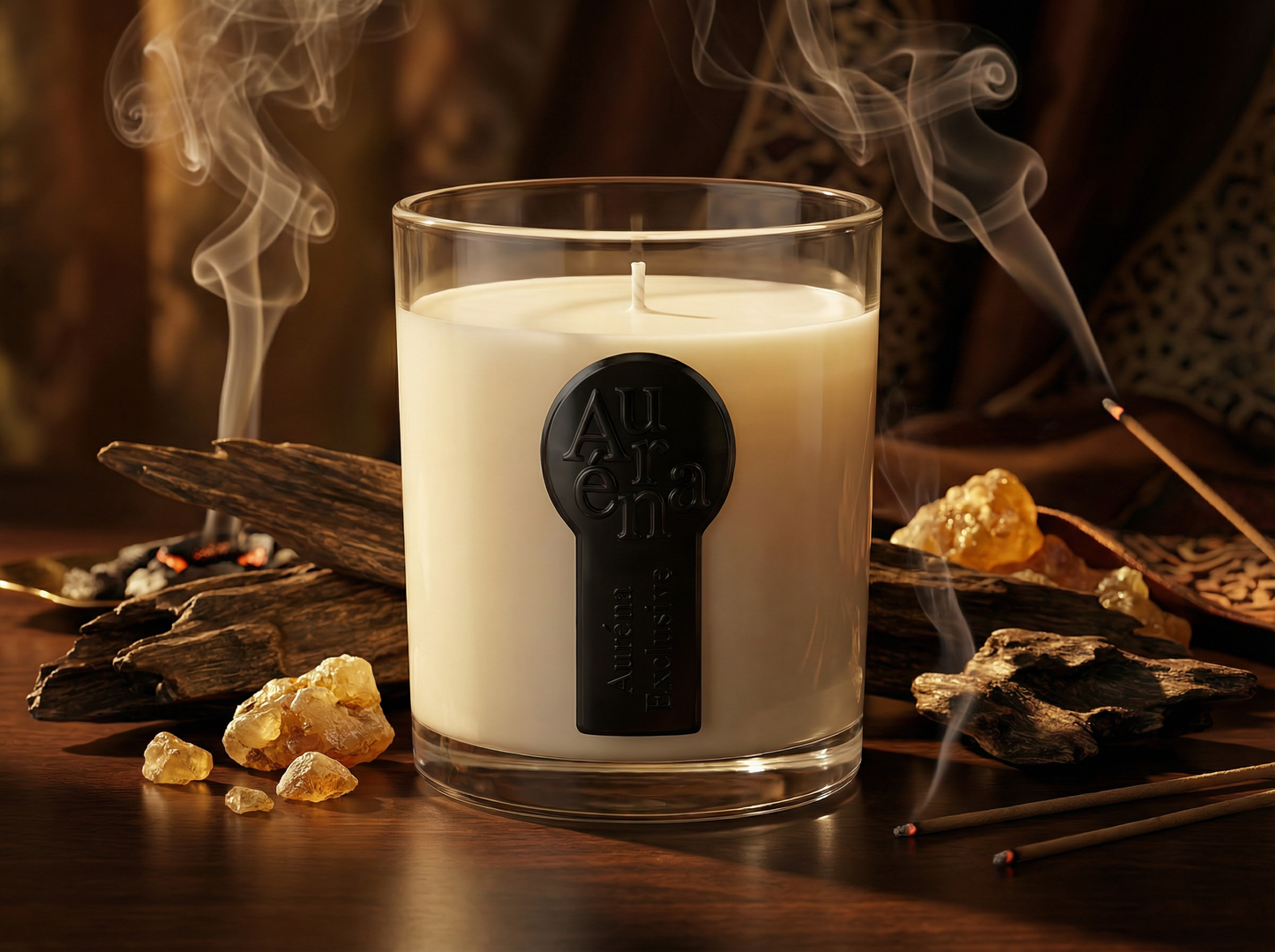 Luxuriöse Auréna Duftkerze im Glas mit schwarzem 3D-Label, umgeben von Oud-Holz, Harzstücken und Räucherstäbchen mit aufsteigendem Rauch in warmer, orientalischer Atmosphäre.
