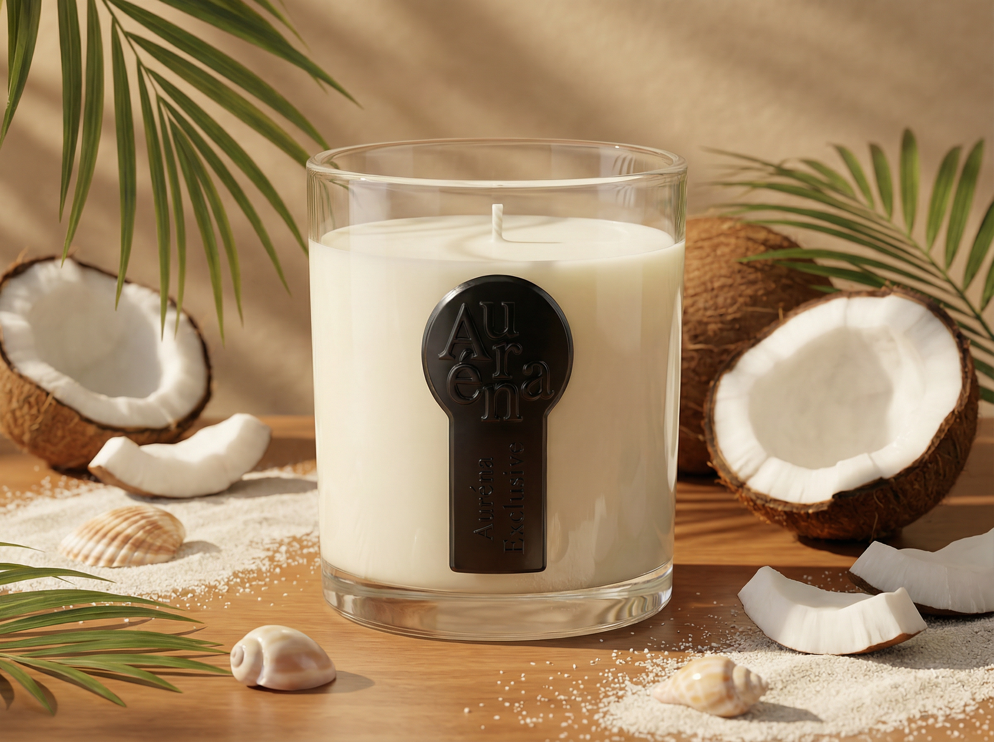 Luxuriöse Auréna Duftkerze im Glas umgeben von Kokosnüssen, Palmenblättern und Sand in heller tropischer Atmosphäre mit warmem Sonnenlicht.