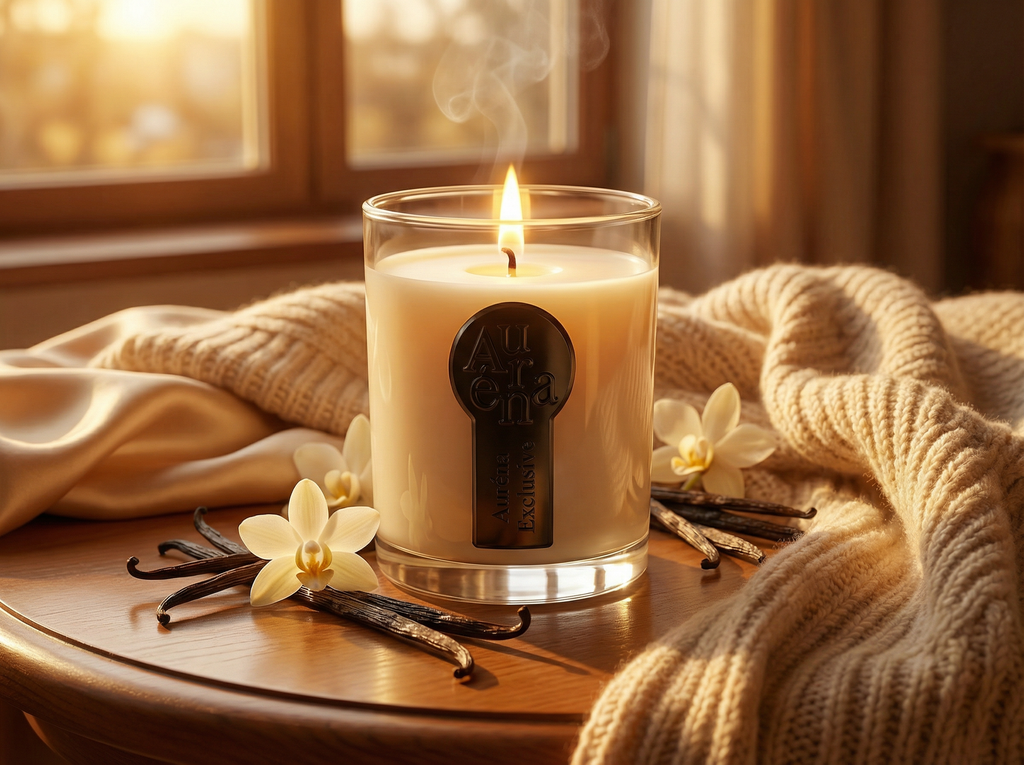 Luxuriöse Auréna Duftkerze mit Vanilleschoten und Vanilleblüten auf Holztisch, warme goldene Lichtstimmung mit gemütlicher Decke im Hintergrund.