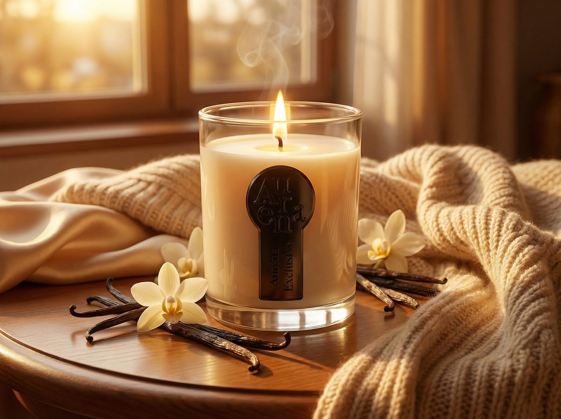 Luxuriöse Auréna Duftkerze mit Vanilleschoten und Vanilleblüten auf Holztisch, warme goldene Lichtstimmung mit gemütlicher Decke im Hintergrund.