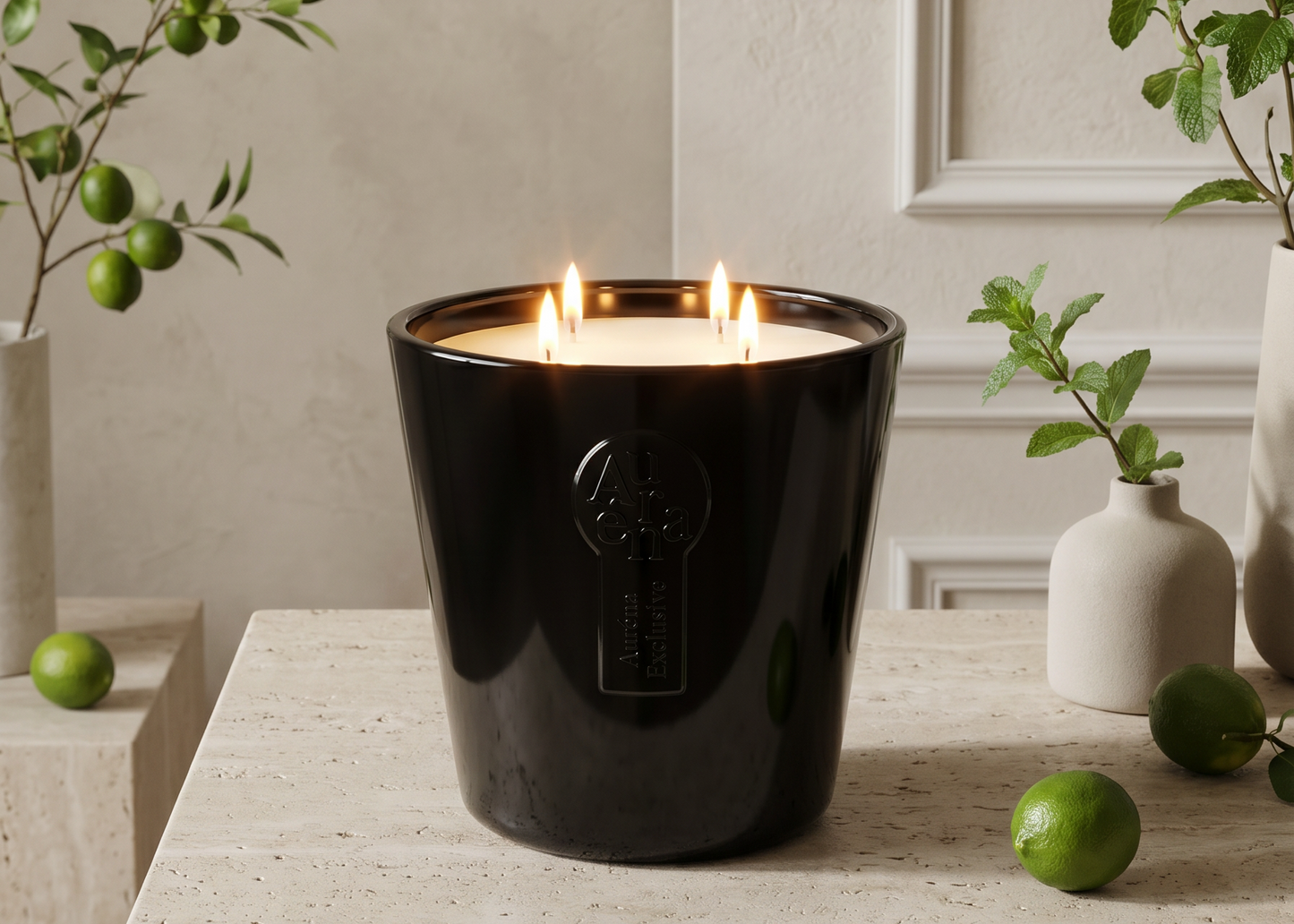 Auréna Duftkerze mit vier brennenden Dochten in schwarzem Glas, platziert in einem eleganten beige-weißen Interior mit Limetten und frischer Minze – Duft Key Lime Peppermint