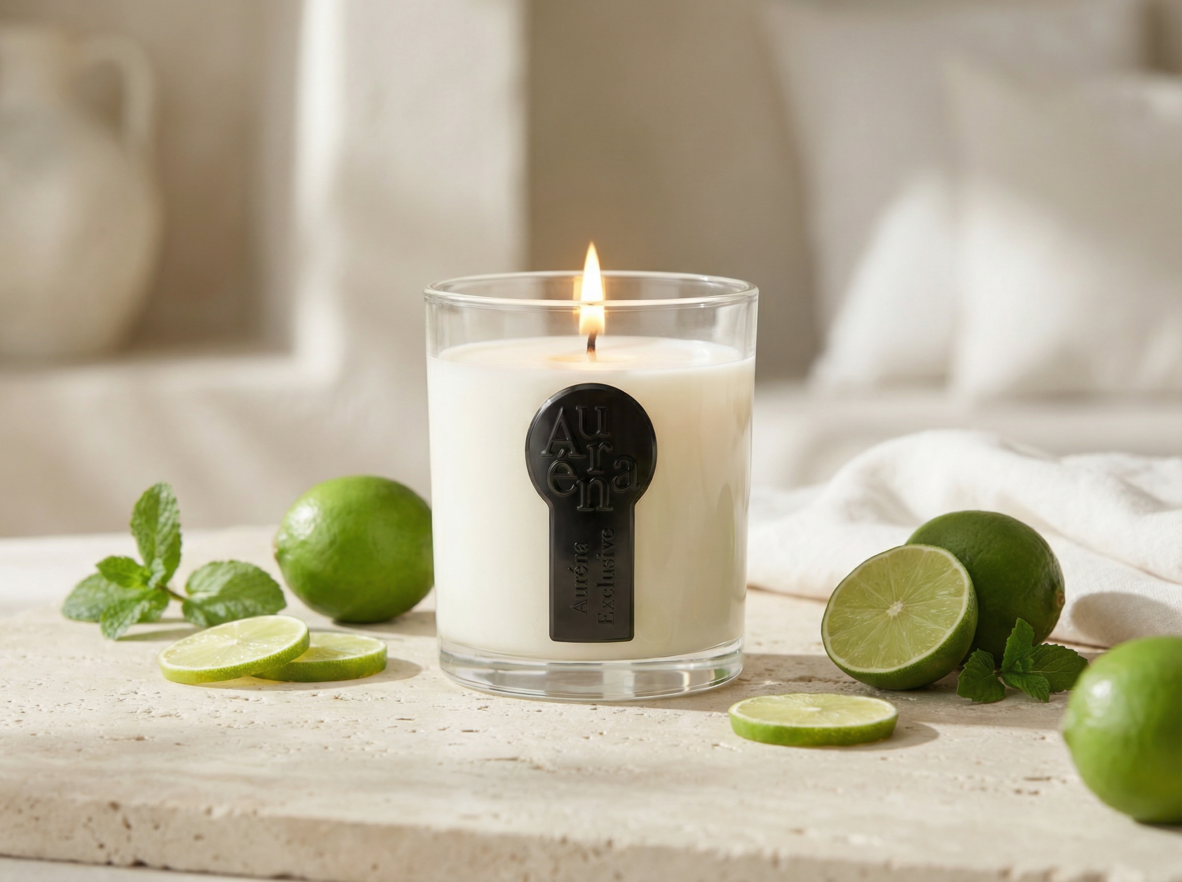 Auréna Duftkerze im klaren Glas mit brennender Flamme, umgeben von frischen Limetten und Minze in einem eleganten, hellen Interior – Duft Key Lime Peppermint