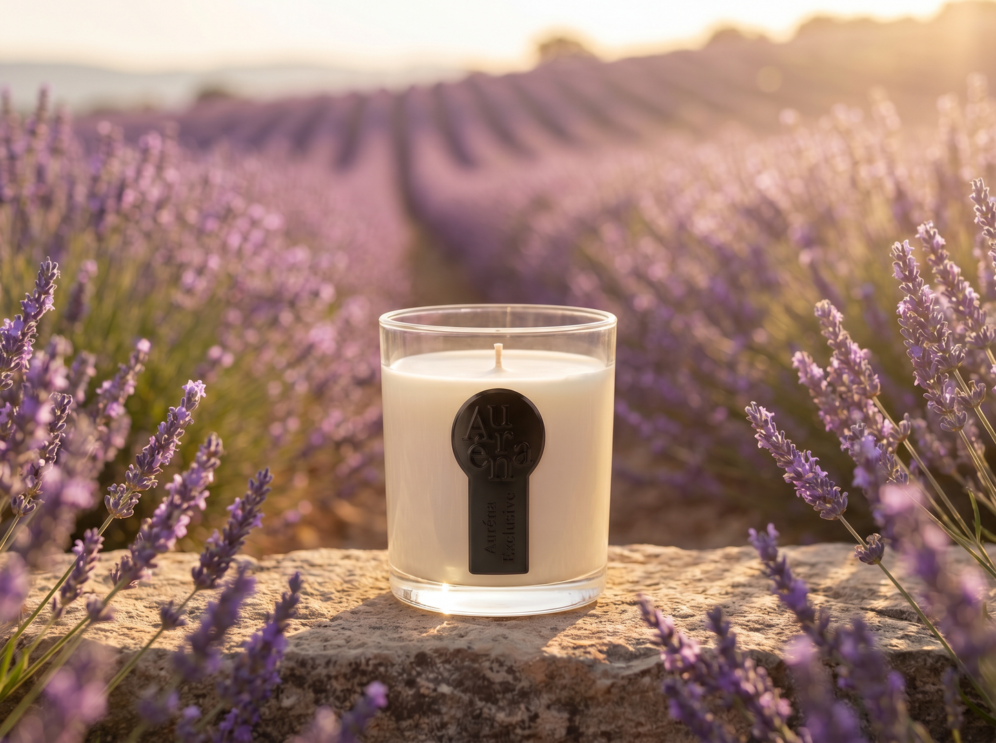 Auréna Duftkerze im Glas inmitten eines Lavendelfelds bei Sonnenuntergang – handgegossene Premium-Kerze aus Deutschland mit beruhigendem Lavendelduft und luxuriöser Atmosphäre.