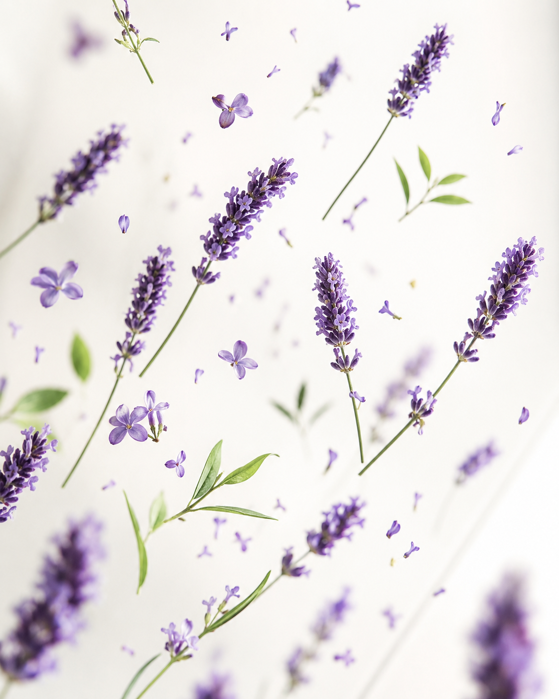 „Violette Lavendelblüten und einzelne Lavendelzweige schweben elegant vor einem hellen Creme-Hintergrund.“