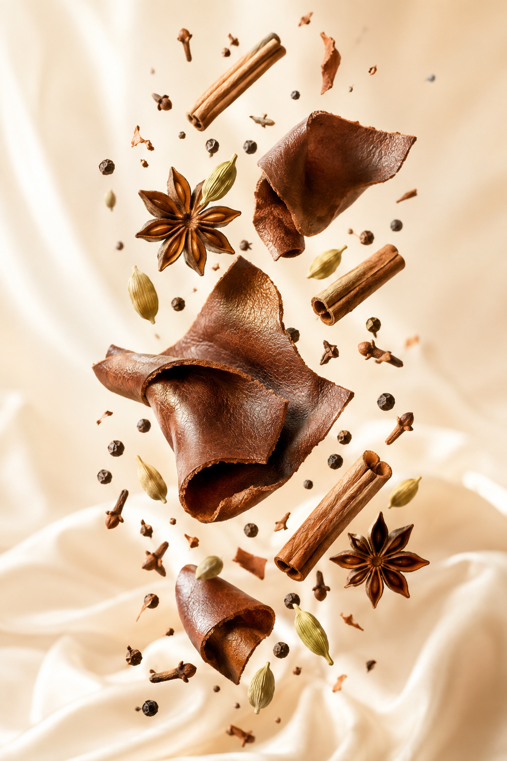 „Braune Lederstücke und warme aromatische Gewürze schweben vor einem eleganten, hellen Creme-Hintergrund.“