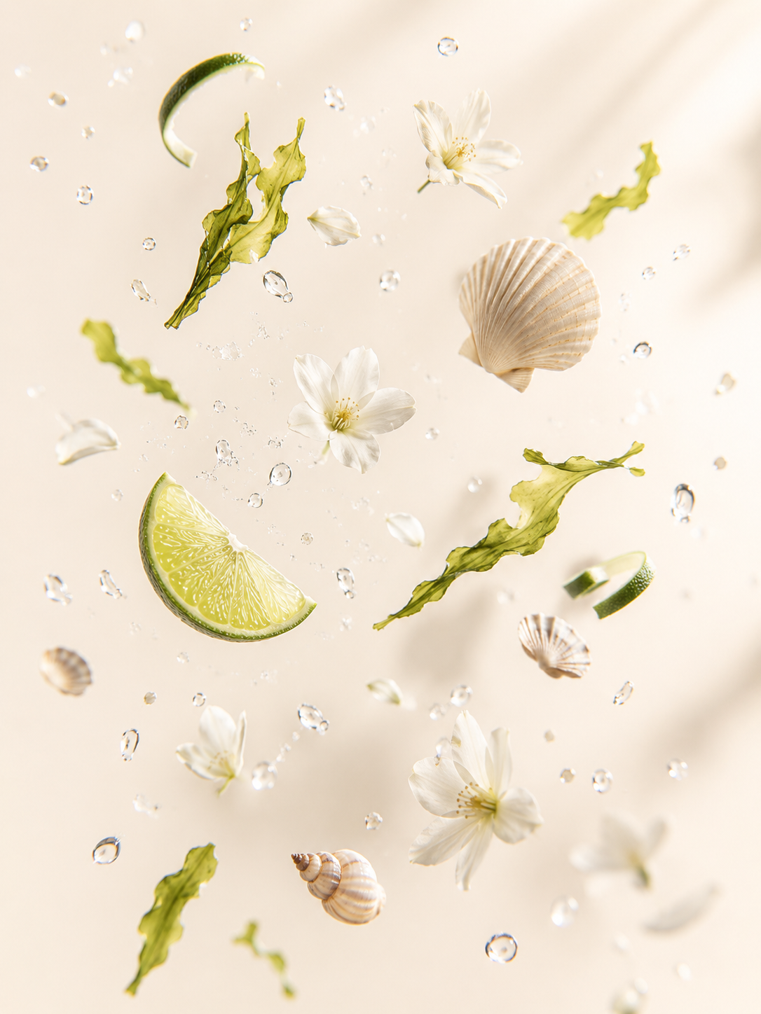 „Wassertropfen, Muscheln, helle Blüten, grüne Meeresalgen und Limettenschalen schweben vor einem hellen Creme-Hintergrund.“