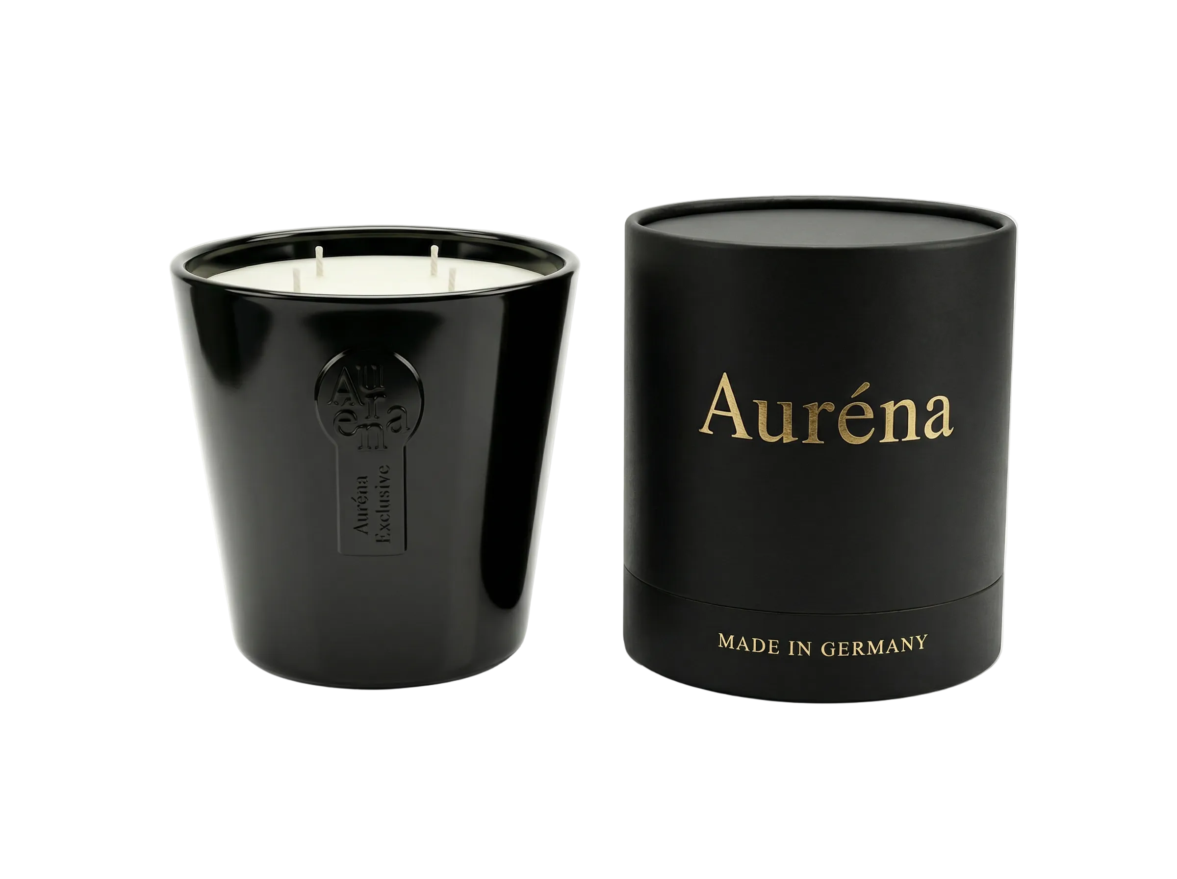 Schwarze Auréna Luxus Duftkerze mit vier Dochten neben schwarzer Premium-Verpackung mit goldener Schrift auf weißem Hintergrund.
