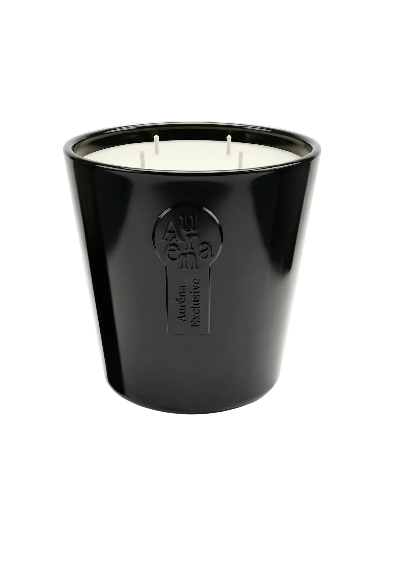 Schwarze Auréna Luxus Duftkerze mit vier Dochten auf reinweißem Hintergrund in minimalistischem Premium-Produktdesign.